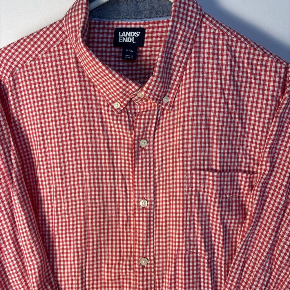 Lands End Men's Brushed Twill Button Down Shirt Red Mini Gingham XXXL Preppy